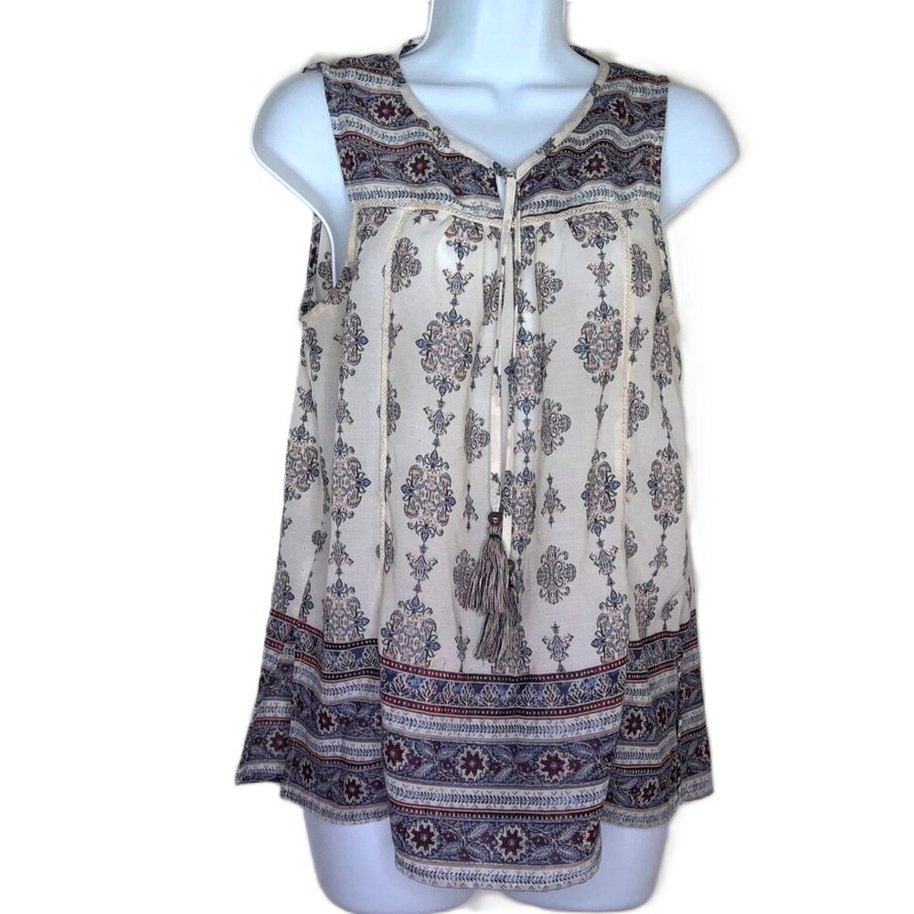 New Knox Rose Sleeveless Top Boho Hippie Babydoll Floral Tie & Tassels NWOT Sz S